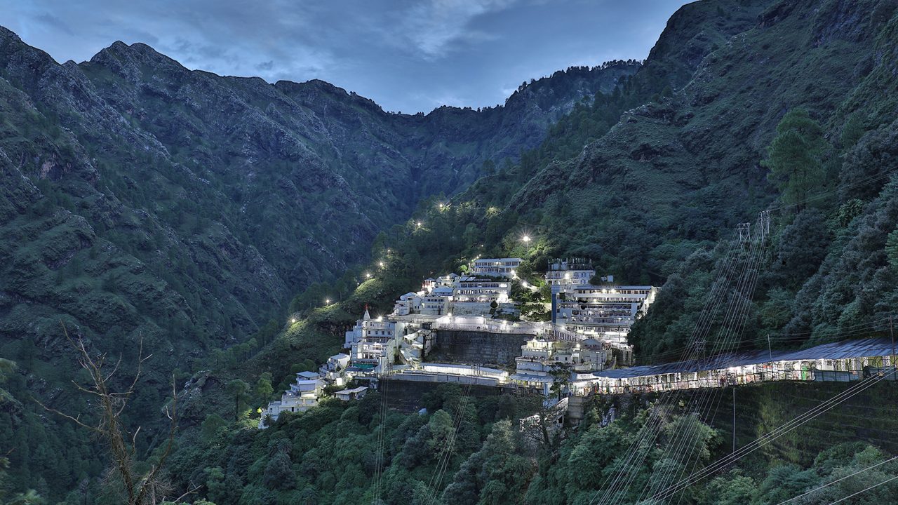 Vaishno Devi Temple at Dusk – A Divine Glow in the Himalayas